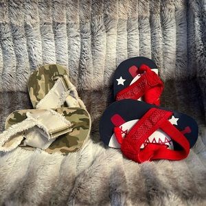 Camouflage infant flip flop size 2. Red, white & blue infant flip flop size 3.